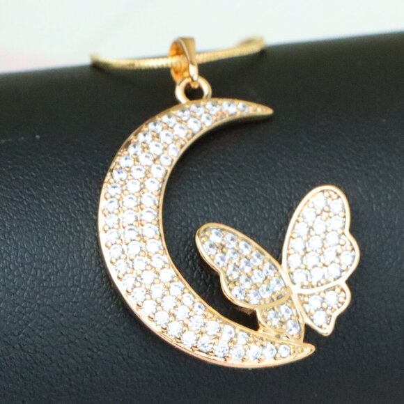 "Moon and Butterfly Rose Gold Pendant with Crystals, XPPT1219 - Picture 1 of 13